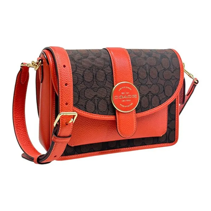 COACH Lonnie Fabric With Cow Leather Small Square Bag Shoulder Bag Crossbody Bag Medium Size Women's Brown & Orange Red-2