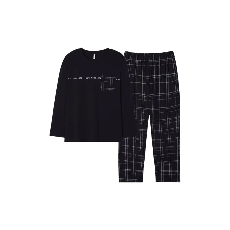Sha Qian Pajama Set Spring And Fall Season Men's Black-0