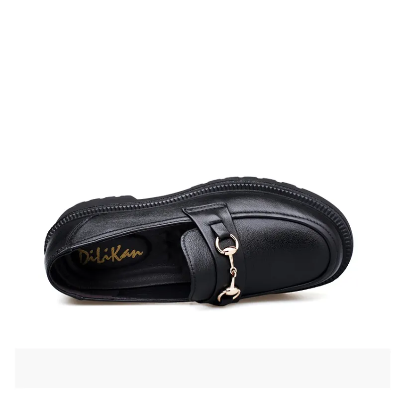 DILIKAN Women's Casual Leather Shoes Loafers Platform Women's Black-4