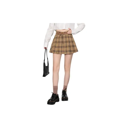 PUNCHUN Casual Short Skirts Women's Vintage Yellow Plaid