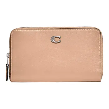 COACH Zip Around Calfskin Wallet Medium Size Women's Silver & Light Yellow