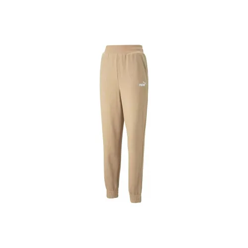 PUMA ESS+ EMBROIDERY HIGH-WAIST PANTS TR CL Knitted Sports Pants Women's Beige Yellow