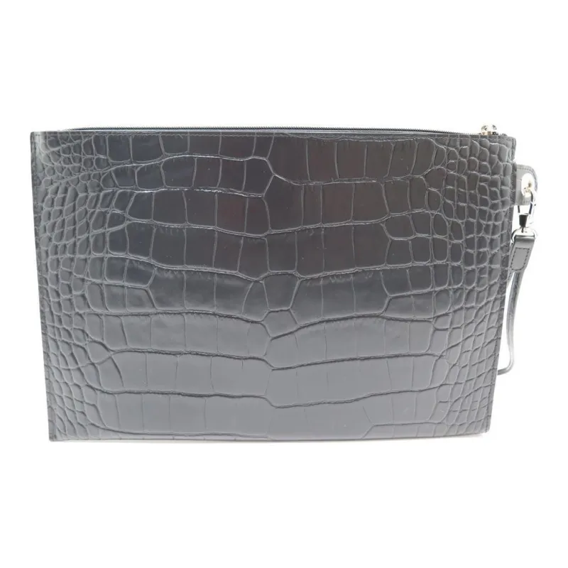 LONGCHAMP Croco Block Cow Leather Clutch Women's Black-2