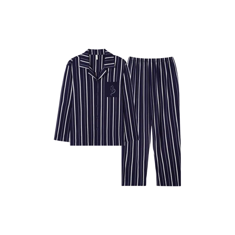 Sha Qian Pajama Set Spring And Fall Season Men's Royal Blue-0