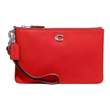 COACH Wristlet Eggstone Grain Leather Wrist Bag Small Size Women's Silver & Sports Red