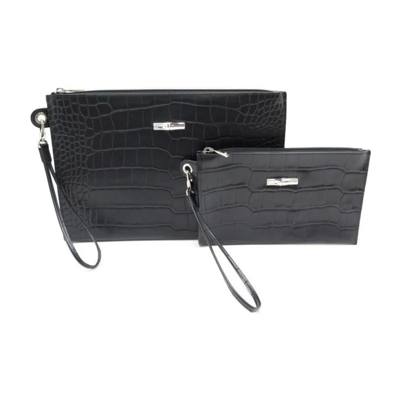 LONGCHAMP Croco Block Cow Leather Clutch Women's Black-1