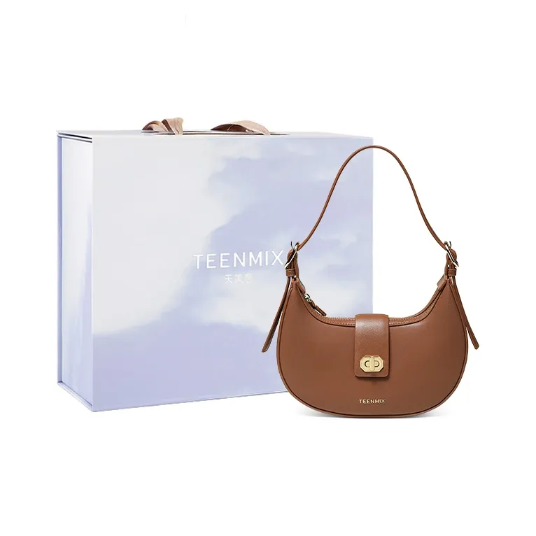 Teenmix Cow Leather Crescent Bag, Shoulder Bag Medium Size Women's Mocha/Black-7
