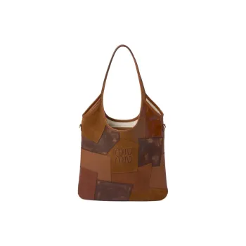 MIU MIU Leather Patchwork Tote Bag Shopping Bag One Shoulder Handbags Women's Cognac