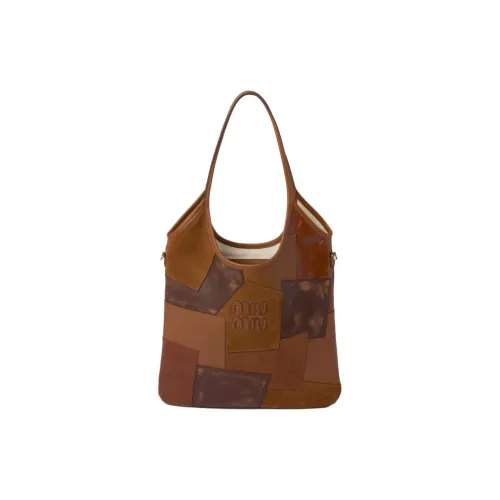 MIU MIU Leather Patchwork Tote Bag Shopping Bag One Shoulder Handbags Women's Cognac