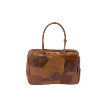 MIU MIU Cow Leather And Sheepskin Patchwork Bowling Bag One Shoulder Handbags Women's Cognac