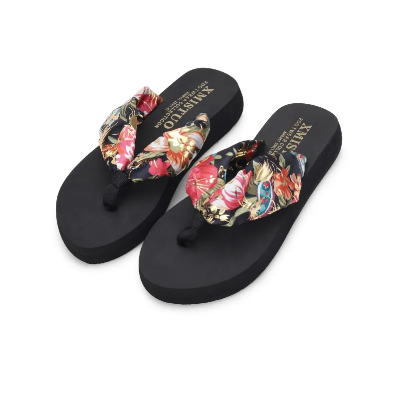 XMISTUO Bohemian Gold Satin Wedge Heel Sandal With Adjustable Strap Flip Flops Women's-5