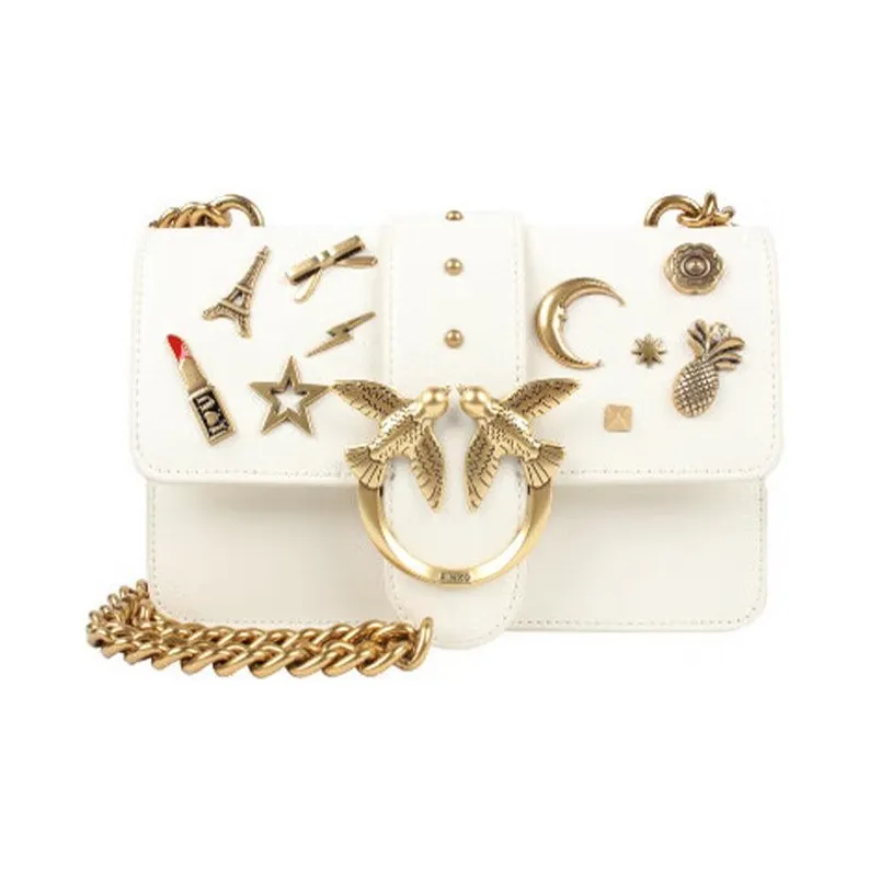 PINKO Cow Leather Swallow Bag, Shoulder Bag, Crossbody Bag Women's White-0