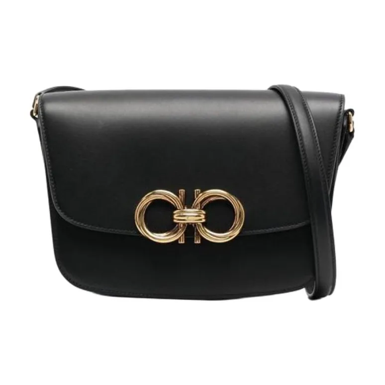 FERRAGAMO Leather Saddle Bag Shoulder Bag Crossbody Bag Women's Black-0