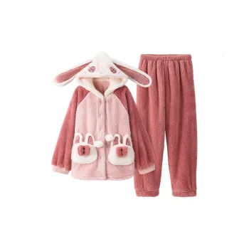 White Ran Cartoon Cute Outerwear-Ready Coral Fleece Loungewear Women's Pink