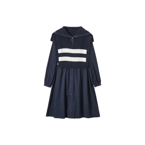 XIANGYING Long-Sleeved Dresses Women's Navy Blue