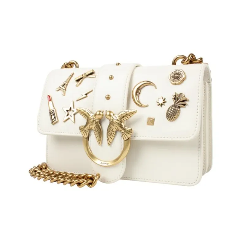 PINKO Cow Leather Swallow Bag, Shoulder Bag, Crossbody Bag Women's White-1