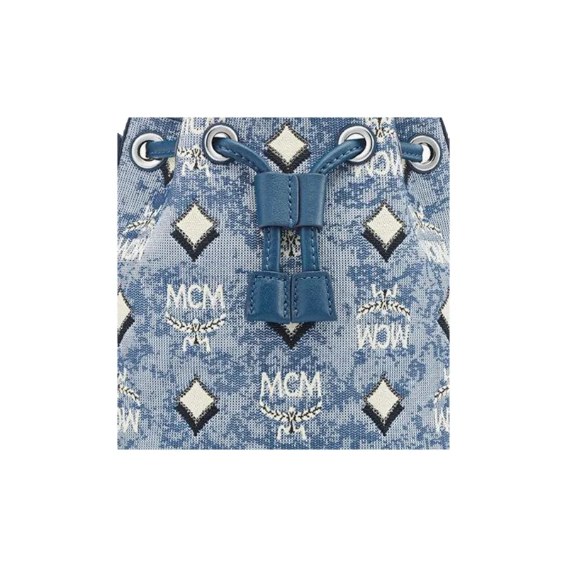 MCM Fabric With Cow Leather Bucket Bags Crossbody Bag, Shoulder Bag Mini Women's Blue-3