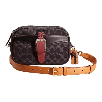 COACH Camera Denim With Exquisite Calfskin Camera Bag Shoulder Bag Crossbody Bag Small Size Women's Silver & Black