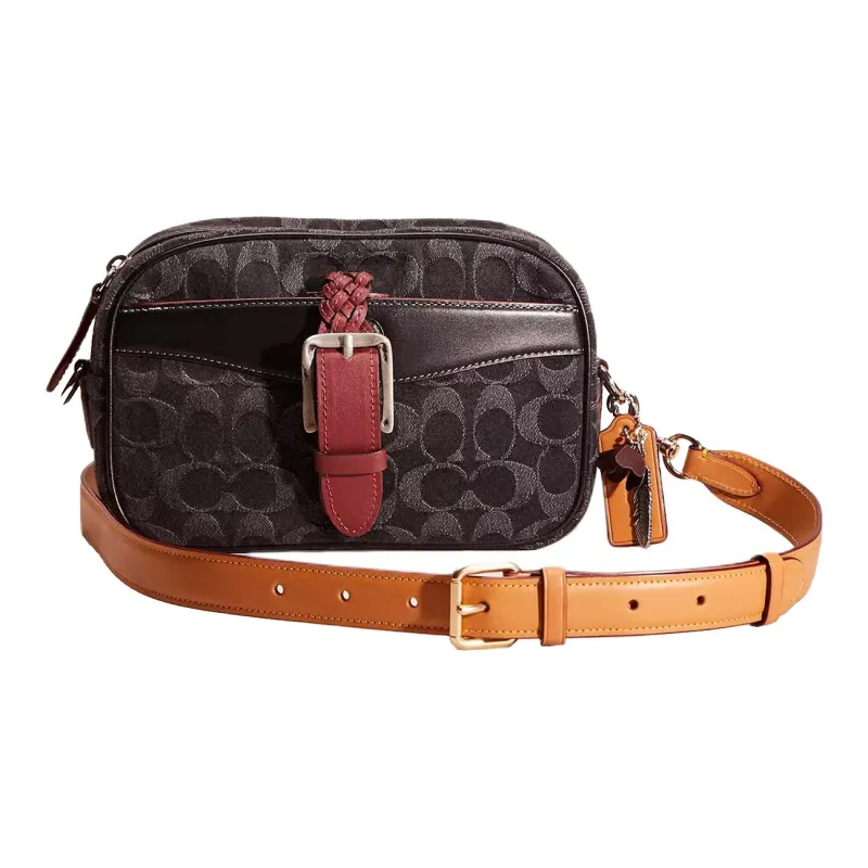 COACH Camera Denim With Exquisite Calfskin Camera Bag Shoulder Bag Crossbody Bag Small Size Women's Silver & Black-0