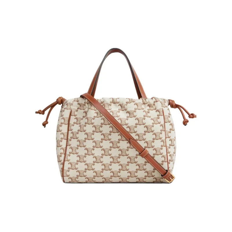 CELINE Cabas Fabric With Cow Leather Binding Shoulder Bag, Crossbody Bag, Handbag Trumpets Women's Brown & White-2