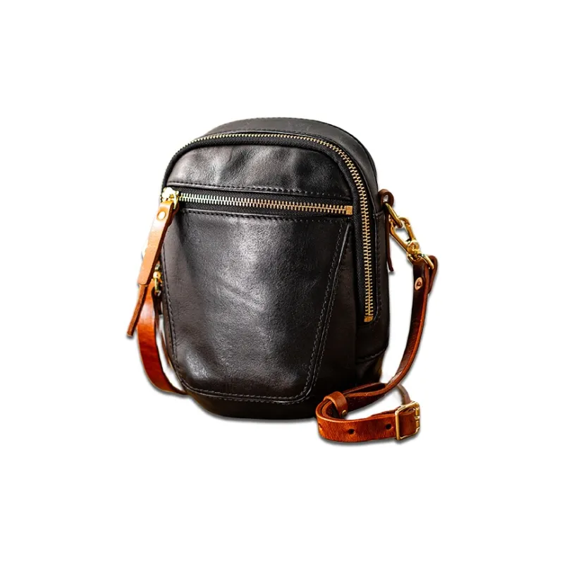 Back Step Top Grain Vegetable Tanned Cow Leather Genuine Leather Shoulder Bag, Crossbody Bag Trumpets Unisex Black-1