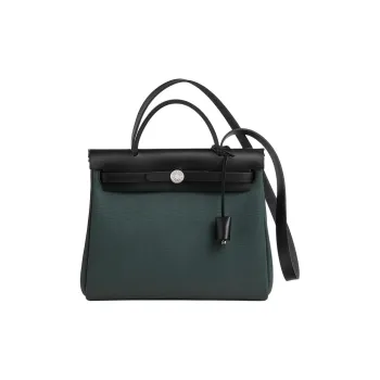 HERMES Herbag Zip Canvas With Hunter Cow Leather Handbag Shoulder Bag Crossbody Bag Women's Lululemon Green/Black