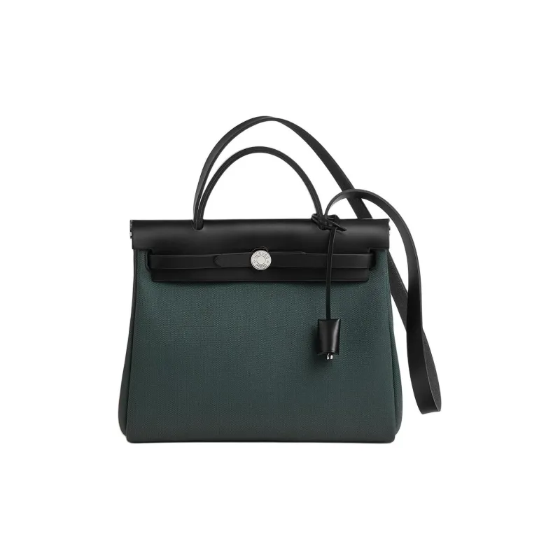 HERMES Herbag Zip Canvas With Hunter Cow Leather Handbag Shoulder Bag Crossbody Bag Women's Lululemon Green/Black-0