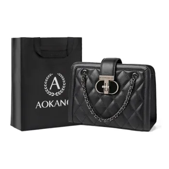 AOKANG Cow Leather Small Square Bag Diamond Pattern Chain Bag Shoulder Bag Medium Size Women's Classic Black/Ecru