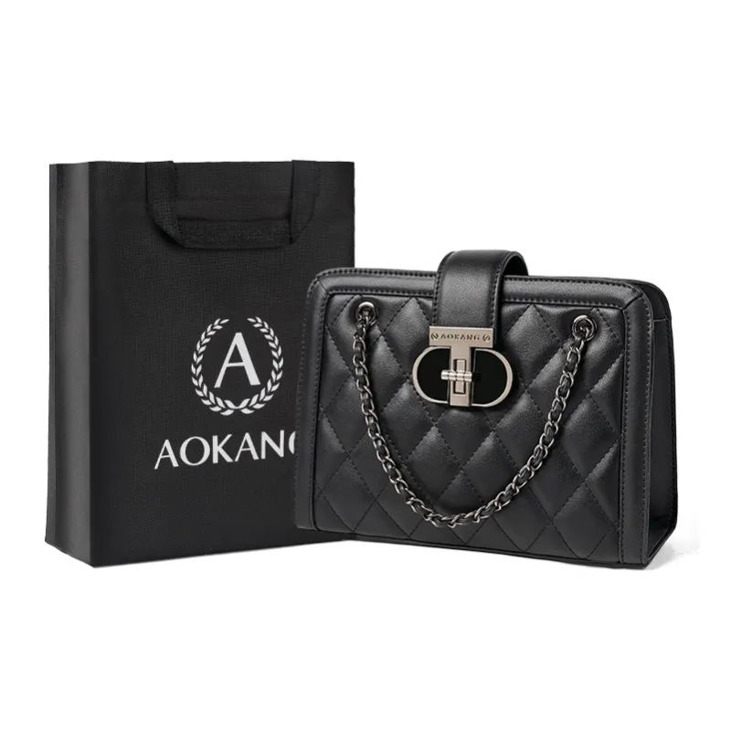 AOKANG Cow Leather Small Square Bag Diamond Pattern Chain Bag Shoulder Bag Medium Size Women's Classic Black/Ecru-0