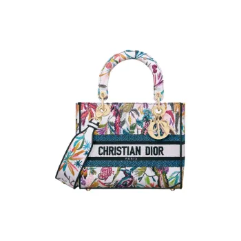 DIOR Lady D Lite Embroidery Lady Dior Bag, Shoulder Bag, Crossbody Bag, Handbag Medium Size Women's White & Multicolor