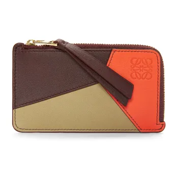 LOEWE Puzzle Cow Leather Card Holder Women's Deep Burgundy With Bright Orange Accents