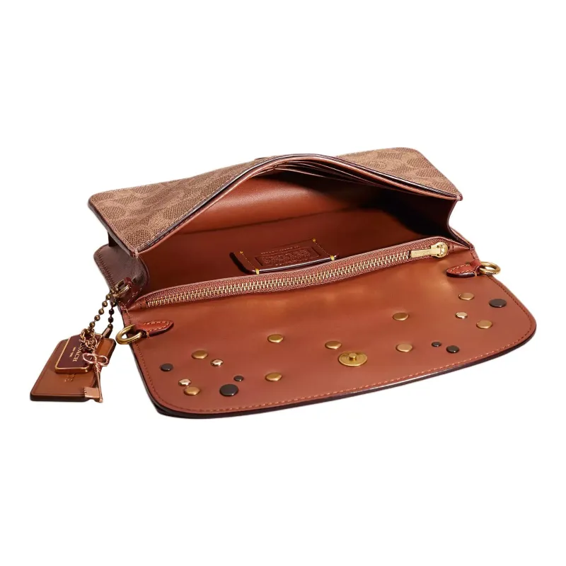 COACH Hayden Coated Canvas With Genuine Calfskin Shoulder Bag Crossbody Bag Small Size Women's Khaki And Orange-2
