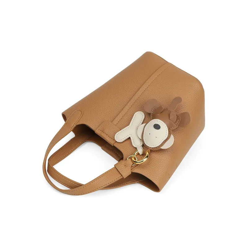 Teenmix Cow Leather Bucket Bag, Shoulder Bag, Handbag Medium Size Women's Camel/Ecru-3