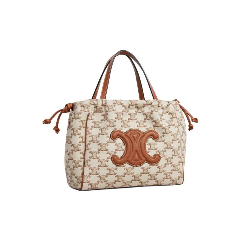 CELINE Cabas Fabric With Cow Leather Binding Shoulder Bag, Crossbody Bag, Handbag Trumpets Women's Brown & White-1