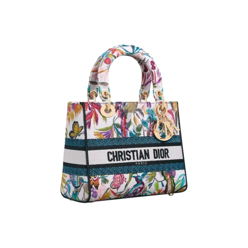 DIOR Lady D Lite Embroidery Lady Dior Bag, Shoulder Bag, Crossbody Bag, Handbag Medium Size Women's White & Multicolor-1