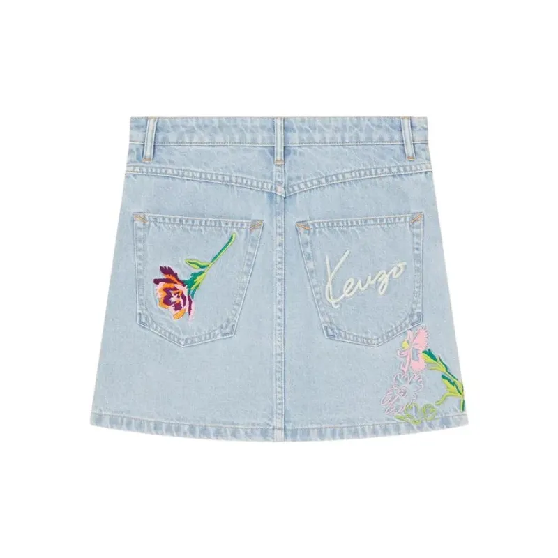 KENZO Floral Embroidered Buttoned Denim Mini Skirt-1