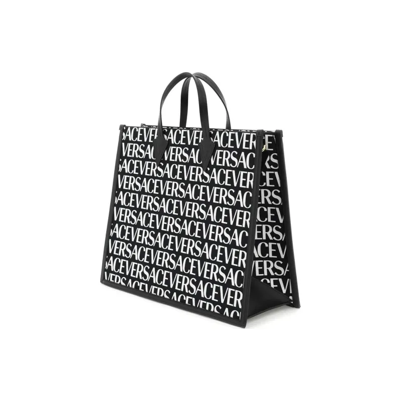 VERSACE Canvas With Leather Tote Bag Shopping Bag Canvas Bag Shoulder Bag Crossbody Bag Handbag Men's Black White-4