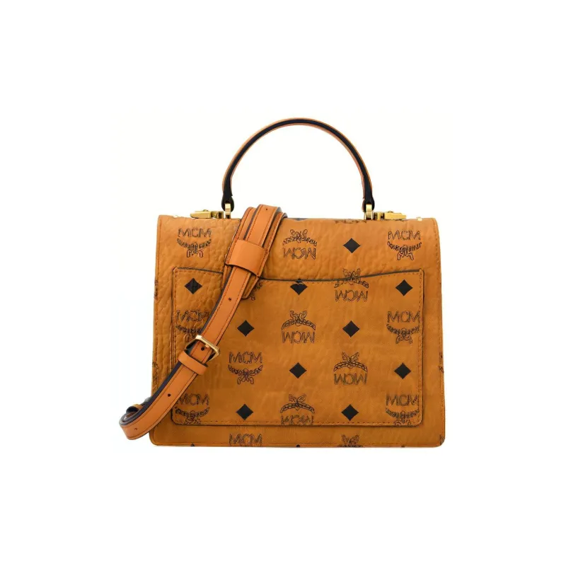 MCM Patricia Visetos Leather One Shoulder Handbags Small Size Women's Brown Cognac-3
