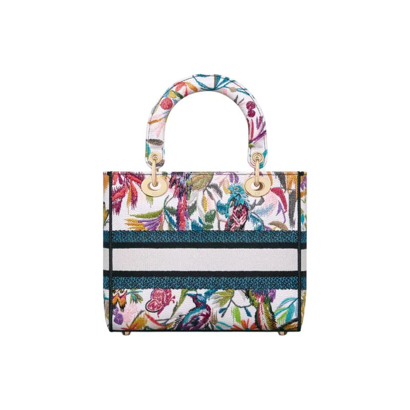 DIOR Lady D Lite Embroidery Lady Dior Bag, Shoulder Bag, Crossbody Bag, Handbag Medium Size Women's White & Multicolor-2