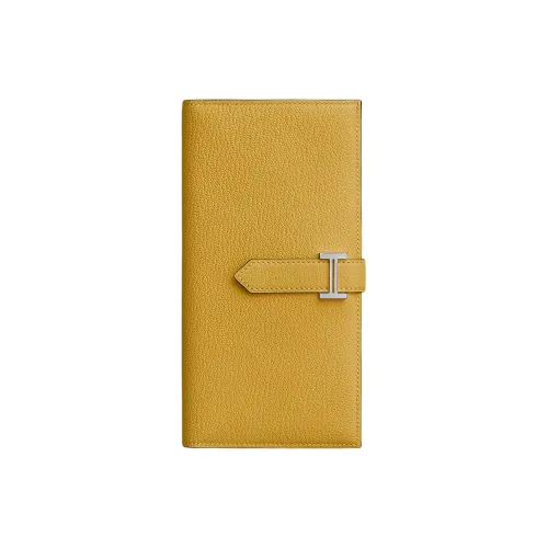HERMES Bearn Mysore Goat Skin Card Holder Wallet Women's Sun Yellow