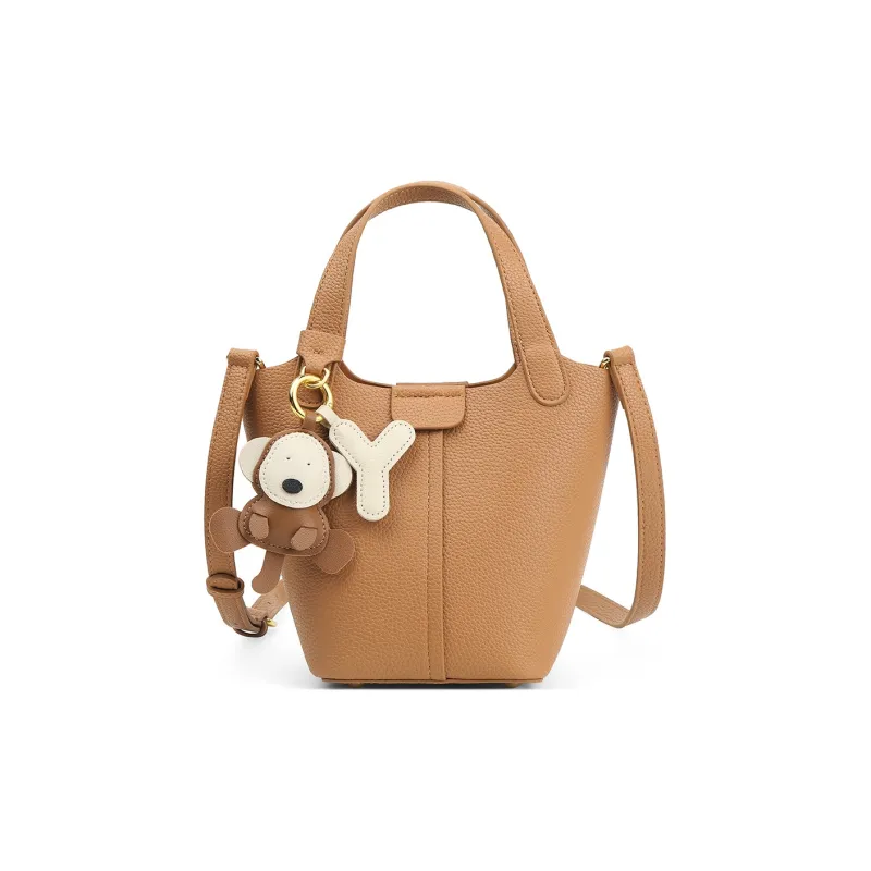 Teenmix Cow Leather Bucket Bag, Shoulder Bag, Handbag Medium Size Women's Camel/Ecru-1