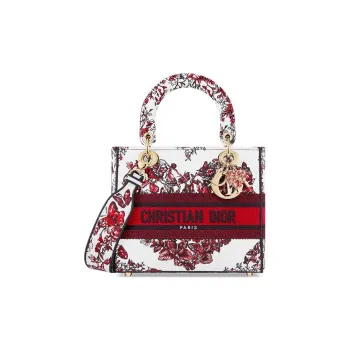 DIOR Lady D Lite Embroidery Dior Bag Shoulder Bag Crossbody Bag Handbag Medium Size Women's White & Red