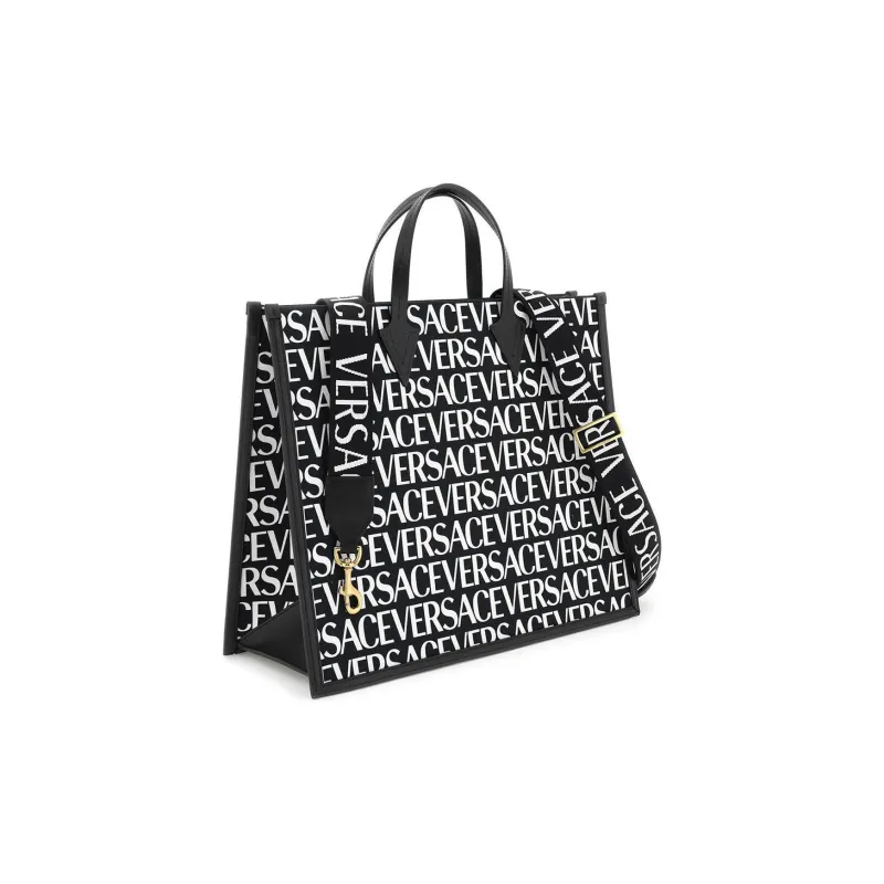 VERSACE Canvas With Leather Tote Bag Shopping Bag Canvas Bag Shoulder Bag Crossbody Bag Handbag Men's Black White-3
