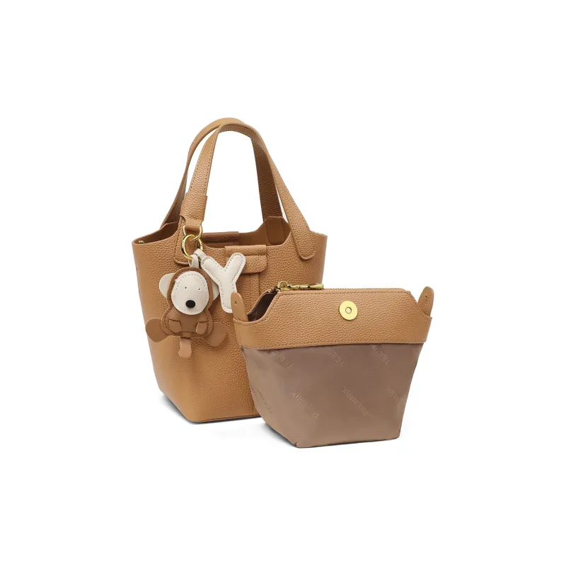 Teenmix Cow Leather Bucket Bag, Shoulder Bag, Handbag Medium Size Women's Camel/Ecru-2