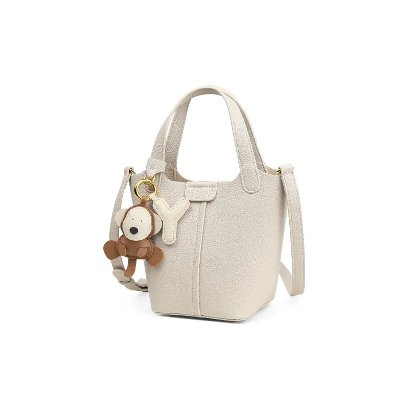 Teenmix Cow Leather Bucket Bag, Shoulder Bag, Handbag Medium Size Women's Camel/Ecru-11