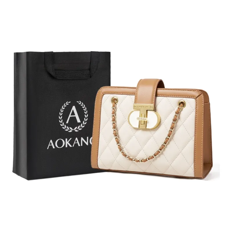 AOKANG Cow Leather Small Square Bag Diamond Pattern Chain Bag Shoulder Bag Medium Size Women's Classic Black/Ecru-3