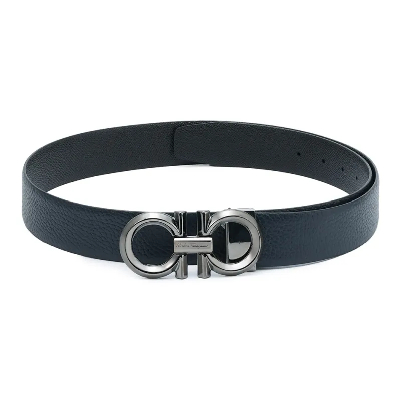 FERRAGAMO Cow Leather Leather Belts Men's Black Blue Width: 3.5 Cm-1