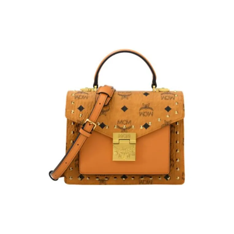 MCM Patricia Visetos Leather One Shoulder Handbags Small Size Women's Brown Cognac-0