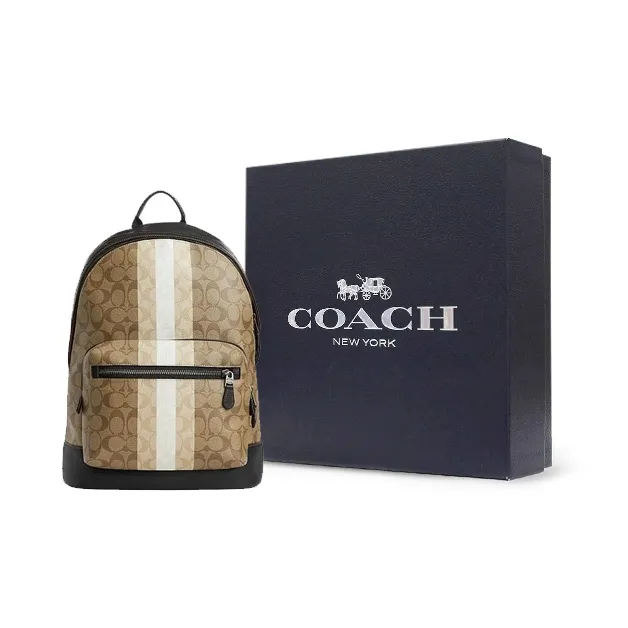 COACH West PVC Cow Leather Patchwork Fabric Backpack Regular Unisex Khaki & Multicolor-6