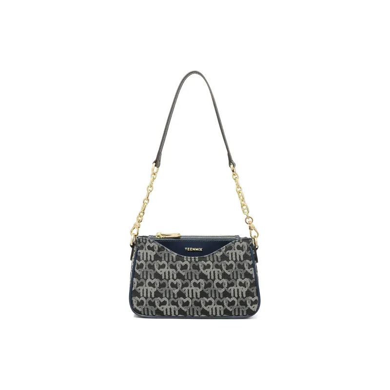 Teenmix Canvas Microfiber Synthetic Leather Canvas Bag Shoulder Bag Crossbody Bag Medium Size Women's Black/Dark Blue-1